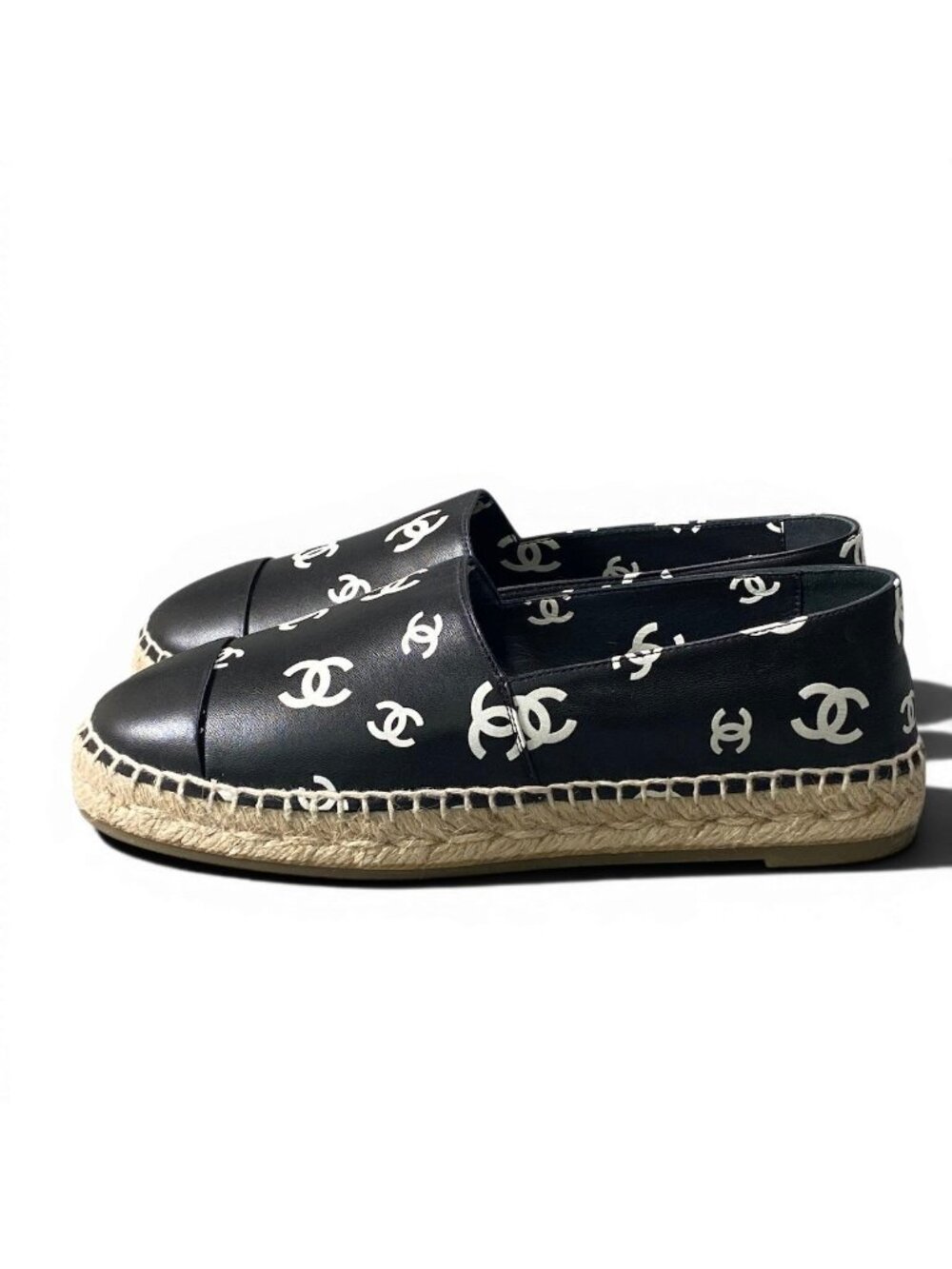 Chanel Espadrilles Flat Shoes CC Logo Leather 39 Black - Picture 3 of 11